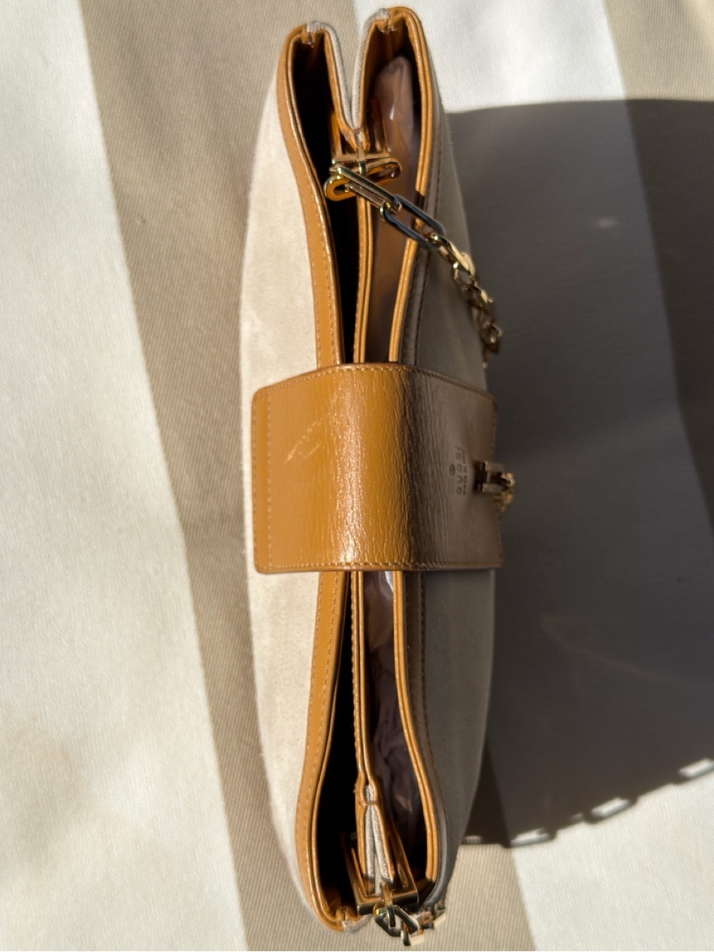 Gucci Vintage Tiger Head Chain Shoulder Bag Beige Suede Tan Leather Tom Ford Era - Picture 11 of 15